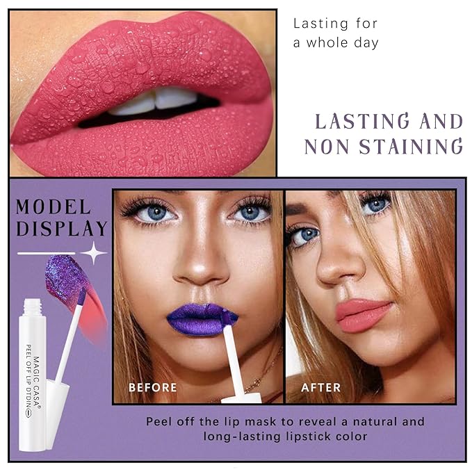 4 Color Peel Off Lip Stain, Tattoo Magic Color Lip Tint, Pink Red Nude Matte Natural Finish Lip Gloss Tear off, Waterproof Long Lasting Nonstick Lipstick Makeup Set with 5ML Empty Spray Bottle