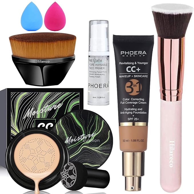 Air Cushion CC Cream Natural Foundation,PHOERA CC+ Cream Color Correcting Anti Aging Hydrating Serum &SPF 25+,PHOERA Primer, Kabuki Brush Foundation Makeup Sponge(#04Buff Beige CC+140 Buff Beige)