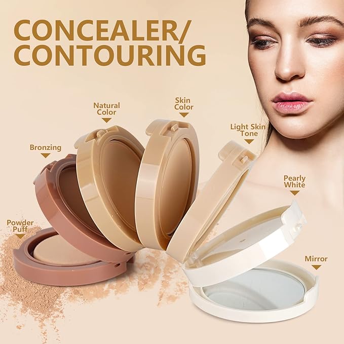5 Colors Long-Lasting Lightweight Multi-layer Matte Loose Setting Powder Pressed Face Makeup Concealing Shading Powder Foundation for All Skin Tones, Minimizes Fine Lines & Imperfections