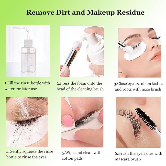 Lash Extension Cleanser, Lash Shampoo Cleaning Kits with Lash Fan, 60ml Lash Shampoo,Cleaning Brush and Wash Bottle for Lash Bath(Green)