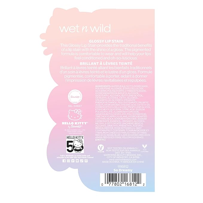 wet n wild Hello Kitty Glossy Lip Stain, Warm Apple Pie Lightly Scented, Nourishing New Glossy Finish Formula, Cruelty-Free & Vegan - So Dreamy