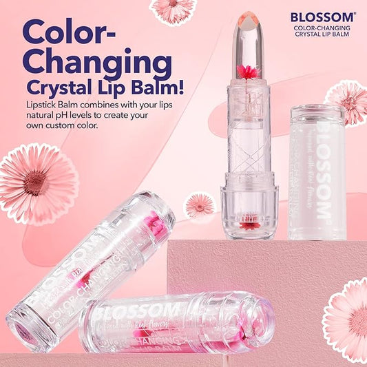 Blossom Moisturizing Scented pH Color Changing 2 pack, Strawberry Scented Crystal Lip Balm (Red), Shimmer Sparkle Lip Stain Tint (Blush), Infused with Real Flowers, 6g, Red/Blush