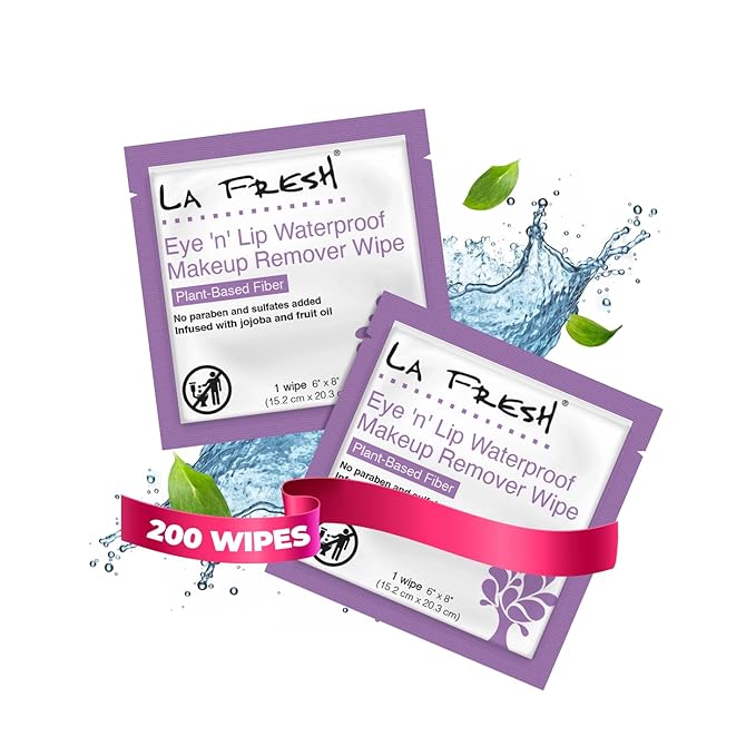 LA Fresh Eye 'N’ Lip Makeup Remover Wipes Case of 200 Wipes Made With Vitamin E, Olive Oil, Jojoba To Leave Skin Soft And Smooth Convenient Size For Purse, Gym Bag, Nightstand, Car