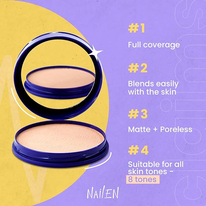 Nailen Compact Makeup Setting Powder Foundation with Matte Finish, Shine Control, Full Coverage - Ideal for All Skin Types & Poreless Smooth Face Look - Tone 2, (1 Count)