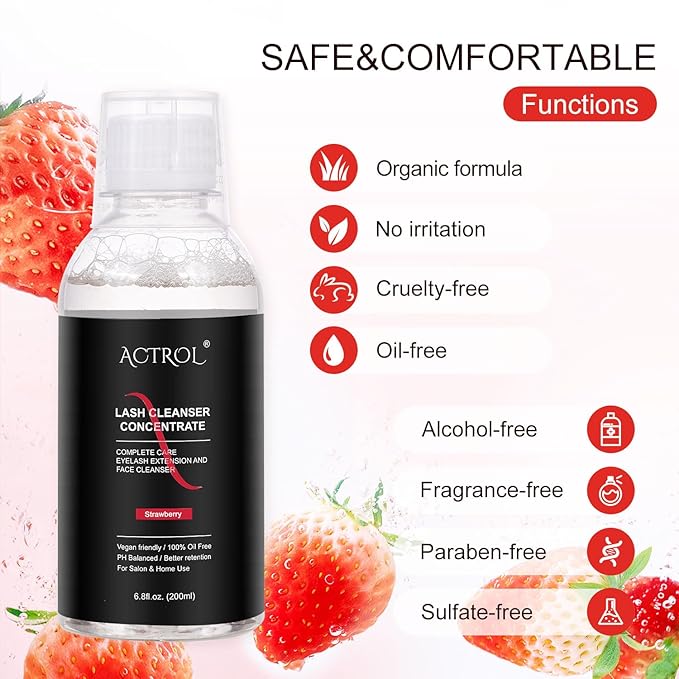 Eyelash Cleanser Concentrate 200ml Strawberry Professional Lash Shampoo Foaming Cleanser DIY Non-lrritating Wash for Extensions Lashes with Salon Home Care-Makes 40 Bottles