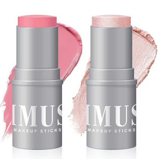 KIMUSE Highlighter Makeup Stick Duo, Cream Blush & Highlighter Trimming Stick, Creamy High Pigmented, Long Lasting, Vegan Face Make Up Sticks