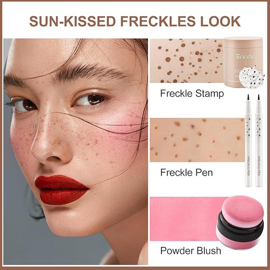 Erinde Natural Freckle Blush Makeup Kit - Liquid Freckle Pen & Fake Freckles Stamp Air Cushion & Powder Cushion Blush, Long Lasting Waterproof Freckles Tattoo Marker for Natural Sunkissed Makeup