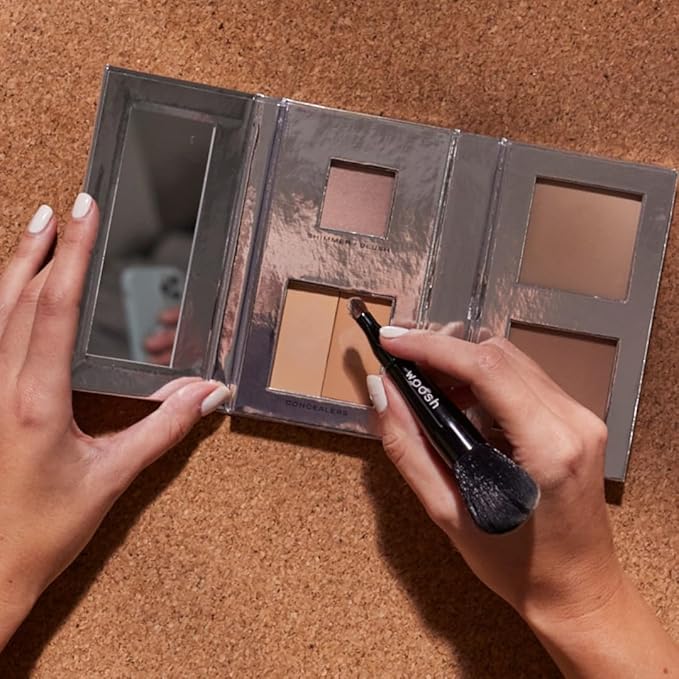 Woosh Beauty, The Fold Out Complexion Palette w/Secret Brush, Travel All in One Neutral Cream & Powder Kit, 4 in 1 Nested Makeup Brush (#3 Medium)