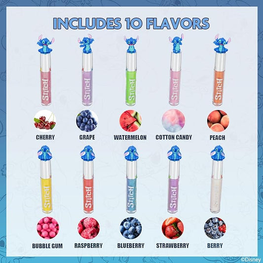 Disney Stitch 10 Piece Plant Based Lip Gloss, Girls Party Favors, First Makeup Set for Girl, Perfect for Parties, Sleepovers, and Birthday Gifts, Ages 3+, by Townley Girl