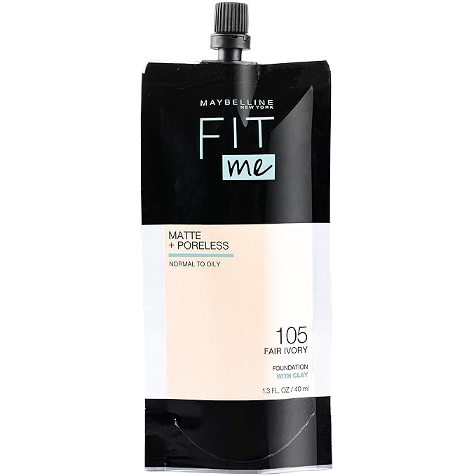 Maybelline New York Fit Me Matte + Poreless Liquid Foundation, Pouch Format, 105 Fair Ivory, 1.3 Ounce