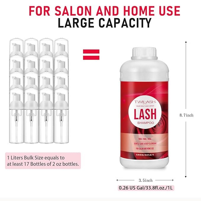 Lash Shampoo Bulk, Eyelash Cleanser for Extensions 1 Liters, Safe Makeup Remover, Non-irritating or Burning Formula Eyelid Foaming Cleanser for Professional Salon and Home Use (Rose-1L)