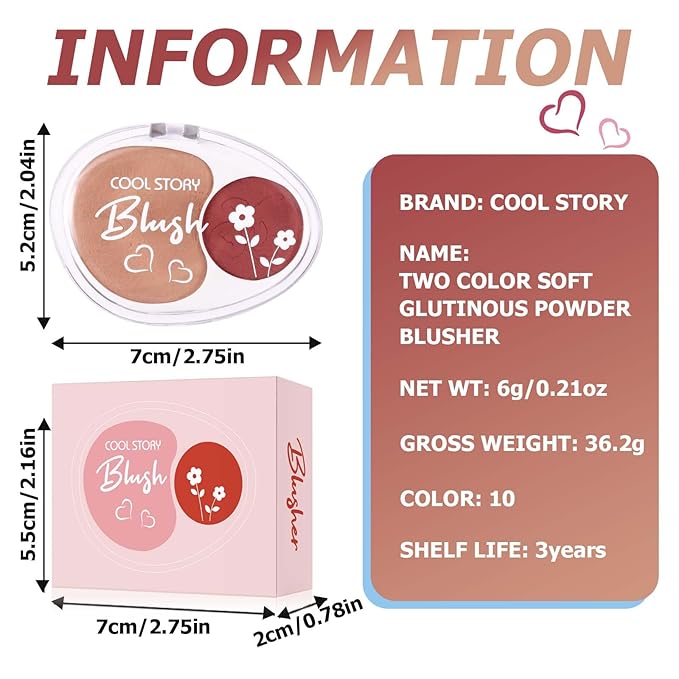 Dual-Tone Face Blush Palette for Cheeks - Waterproof, Long-Lasting, Satin Finish, Creamy Texture, Sculpting, All Skin Tones, Squalane, Highlighting, for Home, Travel, Makeup 2 Tone Tint 10#