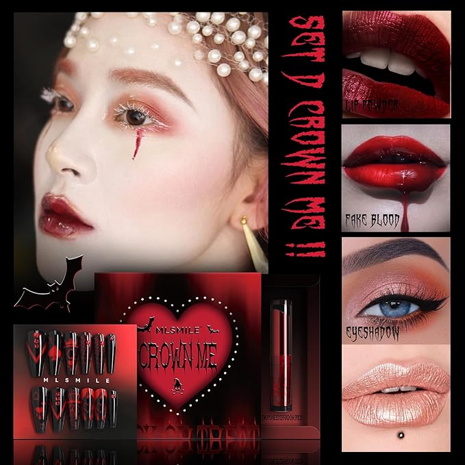 Halloween Makeup Kit,Halloween Press On Nail With Tools,SFX Make up Set Fake Blood Cream,Powder Lipstick,two-tone eyeshadow,2024 New Halloween Party Supplies