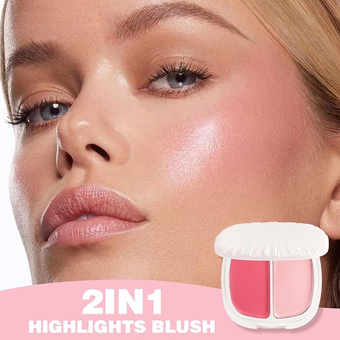 2 in 1 Highlight Blush Palette, Blendable Blush & Highlighter Set Shimmery Metallic Finish, Long-lasting Waterproof Multi-purpose Contour & Highlight Blush Makeup Palette (06)