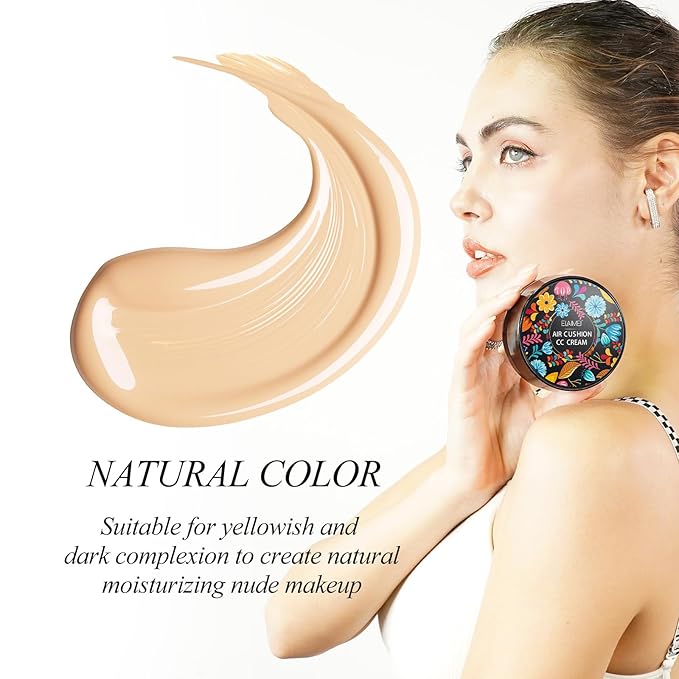 Air Cushion CC Cream - Mushroom Head Concealer, Lasting Nude Makeup, Moisturizing Liquid Foundation, Even Skin Tone Makeup Base Primer (Natural)