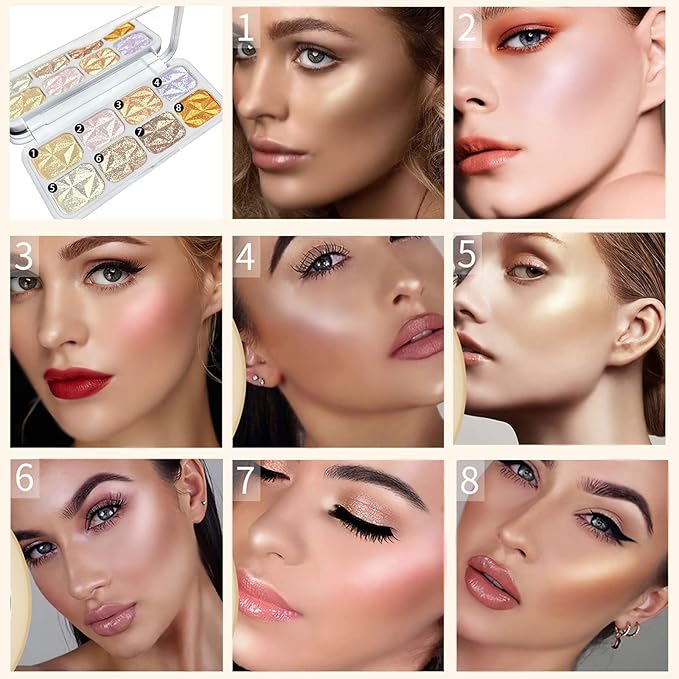 8 Colors Face Highlighter Makeup Palette,Shimmer Glitter Multichrome Highlight Powder,All Sparkling Shades Can Be layered or Worn Individually to Enhance and Brighten Your Face Features