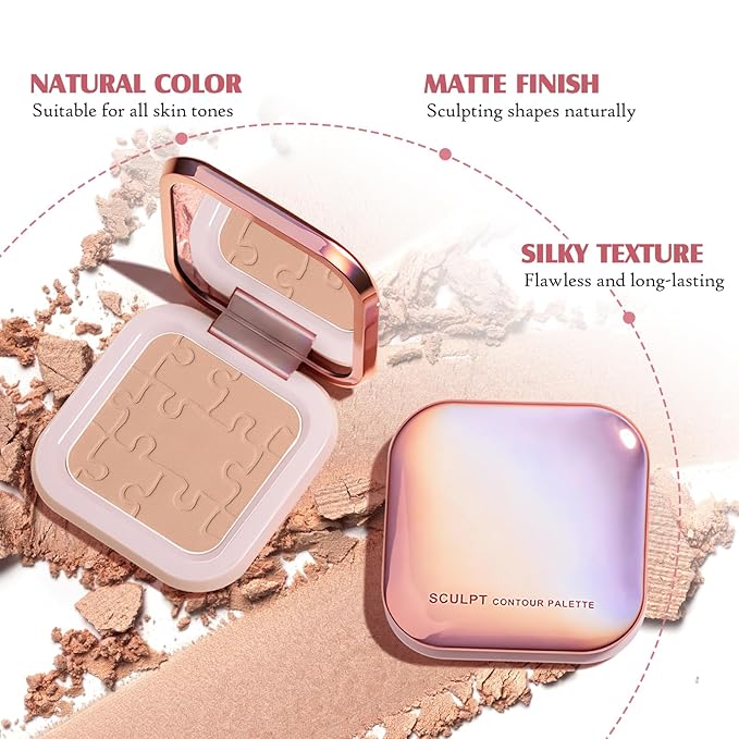 Cream Contour Powder Palette Kit with Brush & Mirror, Matte Bronzer Cool Toned Contour Powder Palette for Face Sculpting Makeup (#C02 Soft Brown)