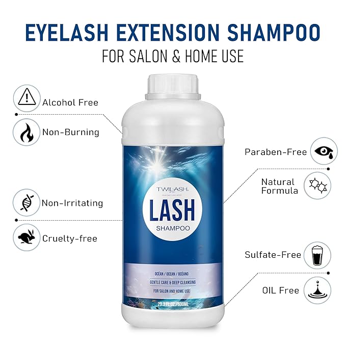 600ml Lash Shampoo Bulk, Eyelash Extensions Cleanser for Extensions, Safe Makeup Remover, Non-irritating or Burning Formula Eyelid Foaming Cleanser Best for Professional Salon and Home Use (Ocean)