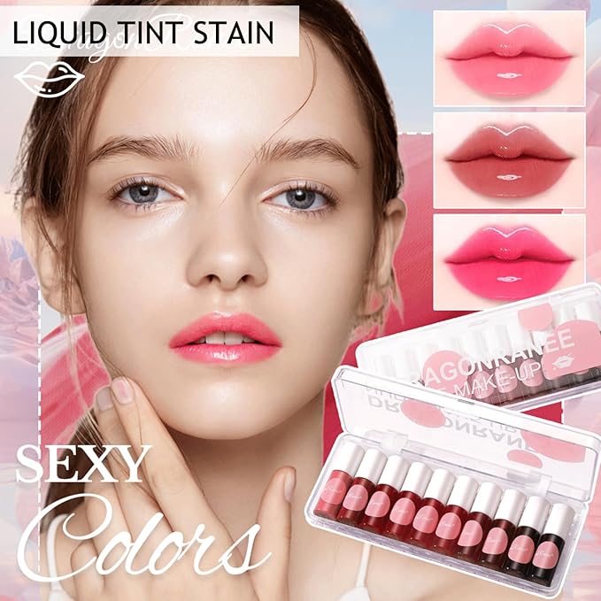 10 Colors Liquid Tint Stain, Korean Lip Gloss Moisturizing Natural Mini Liquid Lipstick, Multi-Use Lip and Cheek Tint, Lip Stain Long Lasting Waterproof, Non-Stick Cup
