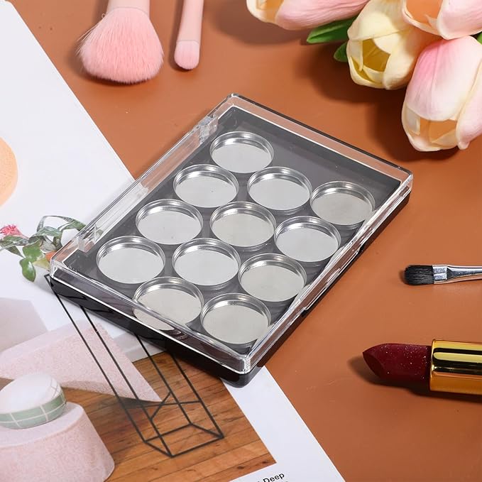 FRCOLOR Magnetic Eyeshadow Palette Case 12 Round Pans and Brush Space-Saving Makeup Storage Palette for Travel and Home Use