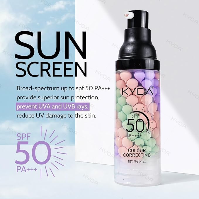 KYDA Color Correcting Facial Serum, SPF 50 PA+++, Moisturizing Makeup Primer, One Step Brightening Primer to Even Skin Tone, Oil Control Skin Corrector, Sheer Finish, Refreshing, Purple Pink Green