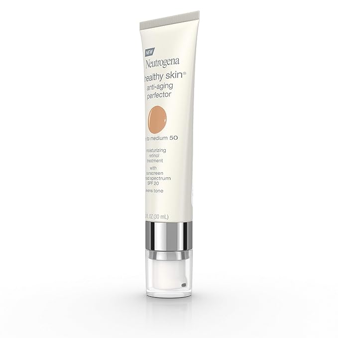 Neutrogena Healthy Skin Anti-Aging Perfector Tinted Facial Moisturizer and Retinol Treatment with Broad Spectrum SPF 20 Sunscreen with Titanium Dioxide, 50 Tan to Medium, 1 fl. oz (Pack of 2)