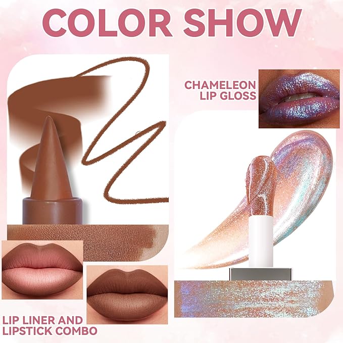 Glitter 2 in 1 Lip Liner and Chameleon Lip Gloss Combo, Gradient Light Brown Lipstick Plumping Lip Pencil Sparkly Liquid Lip Stain Set, Moisturizing Smooth High Shine Lip Combo Lip Makeup