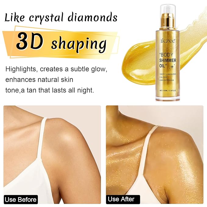 Body Shimmer Oil 100ml, Moisturizing Long Lasting Body Luminizer Face Brighten, Waterproof Liquid Illuminator Body Glitter Oil, Shimmer Glow Highlighter Summer Glowing Taning Makeup (#02 Gold)