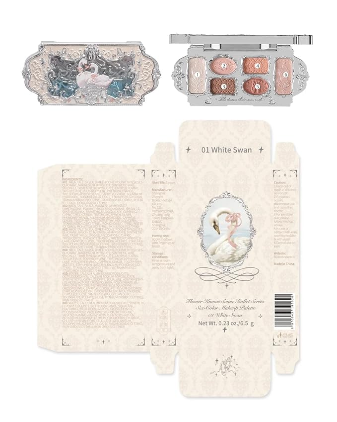 Flower Knows Swan Ballet Six-Color Makeup Palette,Eyeshadow,Blush,Highlighting & Contour All-in-One Face Makeup Palette with 4 Matte+2 Shimmer Neutral Shades(01 White Swan,0.23 Oz)