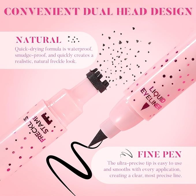 DAGEDA Eyeliner Freckle Pen, 2 in 1 Light Brown Freckle Stamp and Black Liquid Eyeliner, Waterproof, Natural Lifelike Freckles Makeup, Soft Sopt Pen Magic Fake Freckles