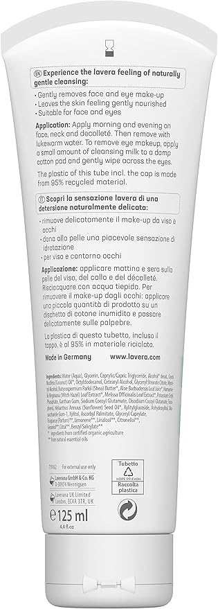 lavera Basis Sensitive Cleansing Milk - Facial Cleanser with Aloe Vera & Shea Butter for Soft Skin - Make Up Remover - Face Wash - PETA Certified - Vegan - Made in Germany - 4.3 Fl Oz