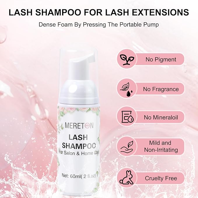 Lash Shampoo Kit for Lash Extensions, Eyelash Extension Cleanser Lash Cleaner Lash Cleaning Kit for Cluster Lashes Lash Bath with Makeup Pad+ Brush+Rinse Bottle, Oil Free Foam