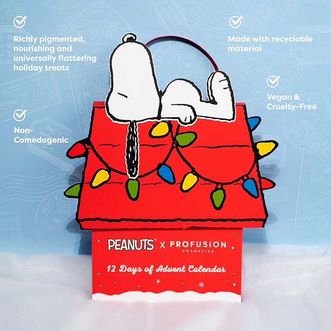 Profusion Cosmetics Peanuts Holiday 12 PC Makeup Essentials, Featuring Highlighter, Primer, Mascara, Nail Decals, and More for Creating Festive Looks