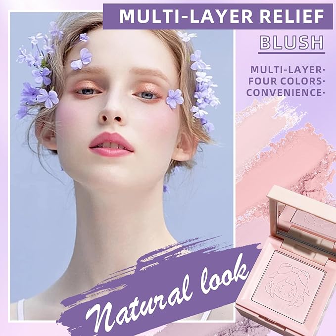 4 in 1 Blush Palette, 4 Colors Matte Face Powder Blush for Cheek, Soft Pink, Peach, Lavender, Purple Face Blusher Rouge Long Lasting High Pigment Lightweight Rouge Highlighter Korean Makeup