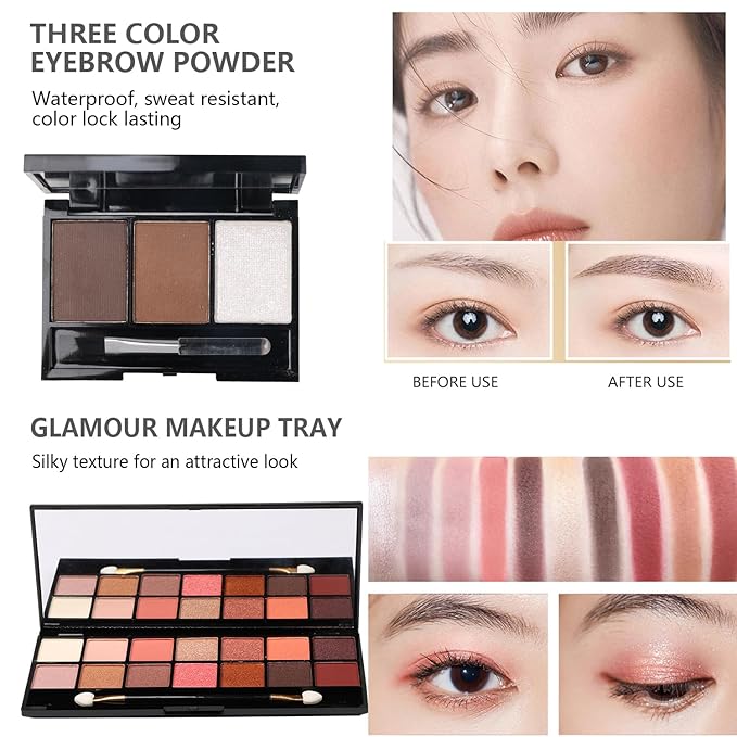 All in One Makeup Kit for Makeup storage bag 2X14 Colors Eyeshadow Palette Liquid Foundation Eyeliner Pencils Contouring Stick Lip Gloss 20Pcs Makeup Brushes For Women Girls Teens (Black)