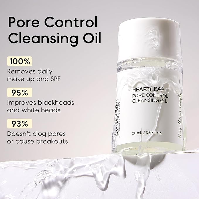 Heartleaf Pore Control Cleansing Oil Mini, Makeup Blackhead Remover, Travel Size, Korean Skin Care, Oil Cleanser for Face (20ml / 0.67 fl.oz.)
