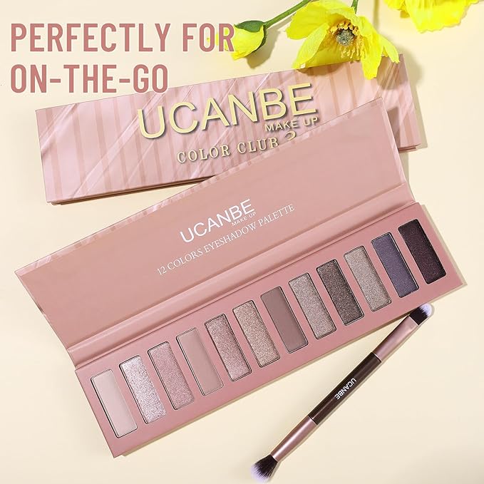 UCANBE 12 Color Eyeshadow Makeup Palette, Naked Nude Eye Shadow, Neutral Matte Shimmer Make Up Pallet with Double-ended Brush Set Kit, Highly Pigmented Long Lasting Waterproof