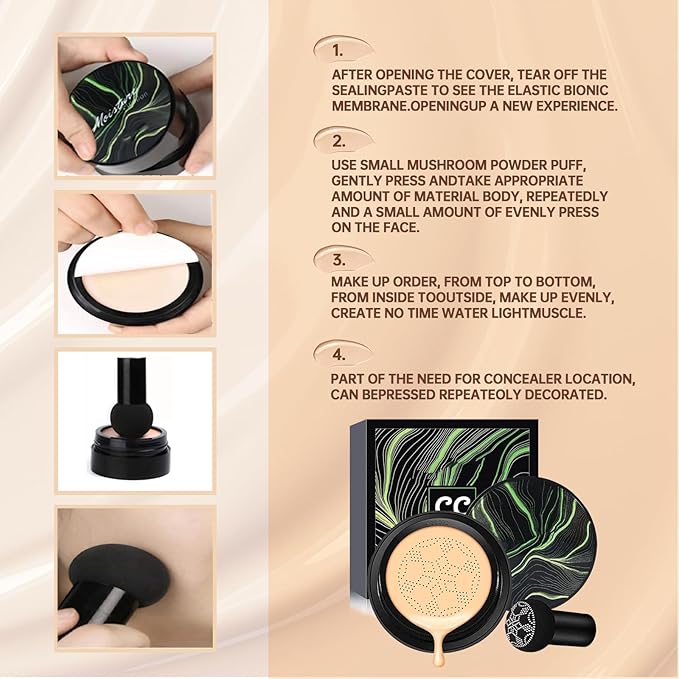 Mushroom Head Air Cushion CC Cream,BB Cream Foundation Makeup Concealer Long-Lasting Moisturizing,Full Coverage Foundation for All Skin Types, Even Color Smooth Radiant Finish Skin (Natural)