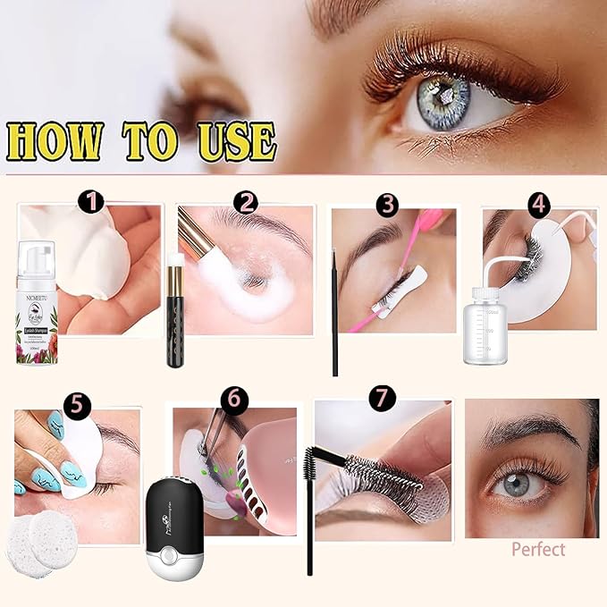 100ML Lash Shampoo for Lash Extensions.Gentle Eyelash Cleanser 1 Pcs USB Lash Fan 50 Pcs Eyelash Brushes 100 Pcs Micro Brush 2 Pcs Lash Shampoo Brush 2 Pcs compressed Sponge and Rinse Bottle