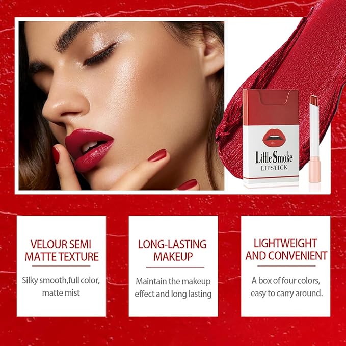 4 Colors Mini Small Little Tube Lipstick, Matte Lipstick Set, Red Moisturizer Smooth Lip Stick Lip Stain Velvet Lipstick, Lip Stain Long Lasting 24 Hours Waterproof Labiales Mate (Set B)