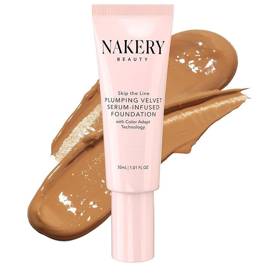Nakery Full Coverage Plumping Liquid Foundation - Serum Infused Makeup with Niacinamide & Hyaluronic Acid for All Skin Types - Medium