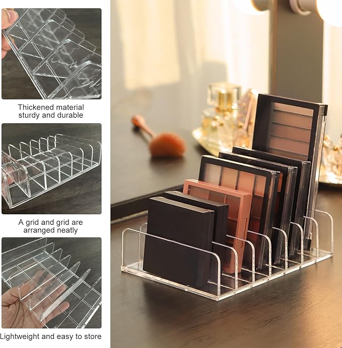 Makeup Palette Organizer2 Pack Acrylic Eyeshadow Palette Pallet,6.7x4.9x1.6 in 7 Sectons BPA-Free Make Up Blush,Contour Storage Holder Cosmetic Eye Shadow Display Stand Clear Rack Vanity Holder(Clear)