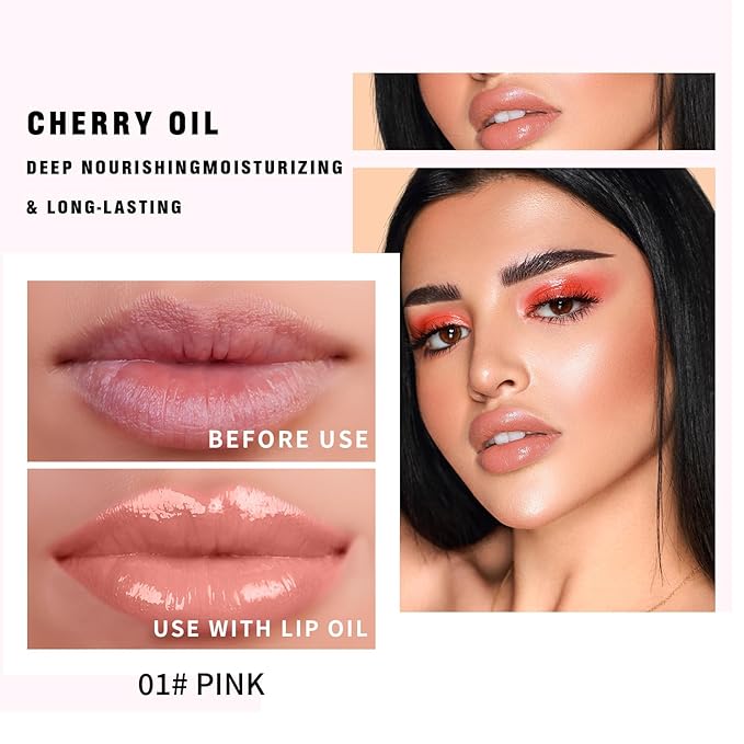 Hydrating Lip Glow Oil - Moisturizing Tinted Lip Gloss Plumping Nourishing Non-sticky Long Lasting Lip Stain with Cherry Oil 0.27 fl.oz (Pink)