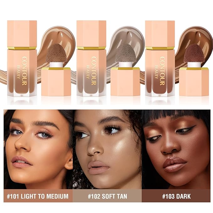 Natural Brown Liquid Contour Stick, Cream Contour Makeup, Long Lasting Silky Liquid Bronzer Face Concealer Matte Contouring with Cushion Applicator (101)