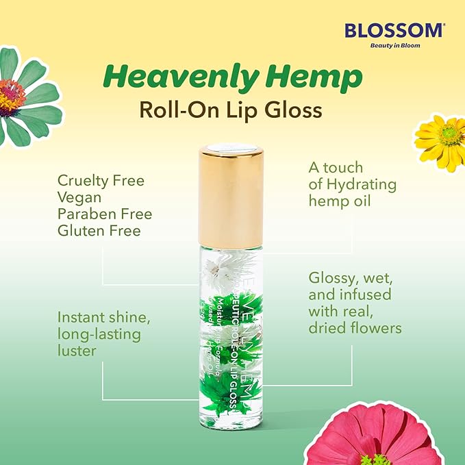Blossom Roll on Lip Gloss, Scented Clear High Shine Moisturizing Lip Oil, Non Sticky, Infused with Real Flowers, Made in USA, 0.2oz, Vanilla Hemp