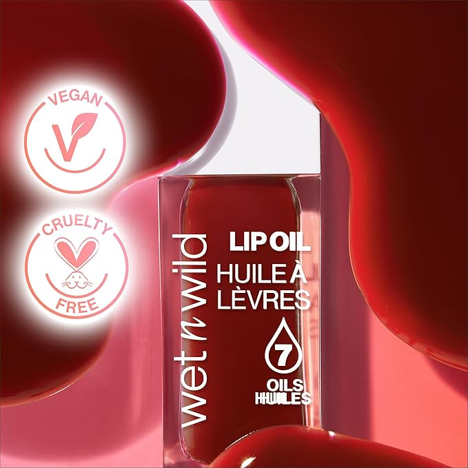 wet n wild Lip Oil - Lightweight, Non-Sticky, Hydrating & Nourishing Formula with 7 Conditioning Oils, Vegan & Cruelty-Free - Merlot Glass