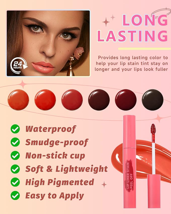 Peel Off Lip Liner Stain Set, 2Pcs Waterproof Lip Tattoo Peel Off Lip Tint Stain, Long Lasting Transfer-Proof Non Stick, Matte Finish High Pigmented Color Peel & Reveal Lipliners Makeup for Women-1+2