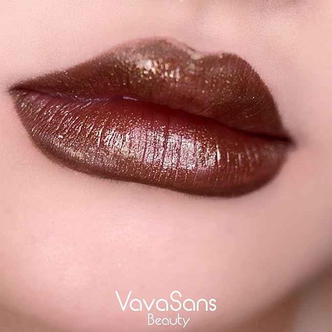 Vegan Glitter Lipstick Brownstone Shimmer Metallic Sparkling Dark Brown Shade Long Lasting Waterproof Non-Sticky Formula Diamond Shiny Highly Pigmented Lip Stick for Women