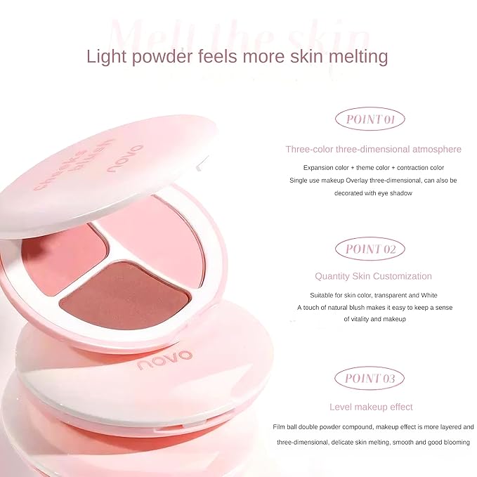 Novo 3-Color Blush Palette - Silky Smooth, Buildable Formula, Natural Radiant Glow, Long-Lasting, No Caking, Suitable for All Skin Tones (02# Warm Tea Apricot, Net Weight: 7.4g)