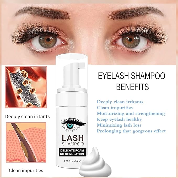 60ml Lash Shampoo - Lash Cleaning Shampoo Kits, Shampoo for Lash Extension & Home Salon Care, 50Pcs Mascara Brushes+ Nose Brush+Rinse Wash Bottle+Spa HeadWand, Lash Mousse for Eyelash Cleansing